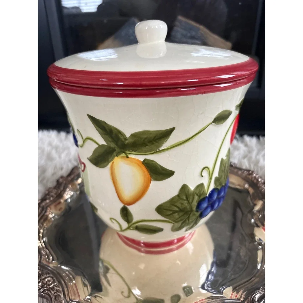 Italian Ceramic Biscotti Cookie‎ Jar Vintage Fruit Design Red Lid